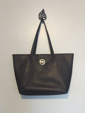 Michael Kors Black Tote with Gold MK Emblem Professional Handbag Snap Closure